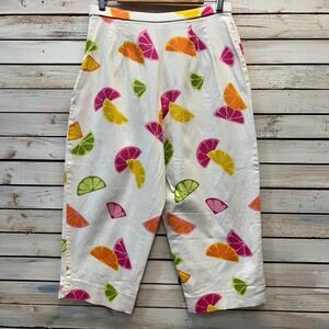 Vintage Citrus Print Capri Pants Wide Leg Y2K Fruit Summer Retro Crop Size 10